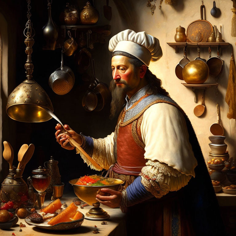 Chef in regal attire tasting food in brass-adorned kitchen under warm lighting