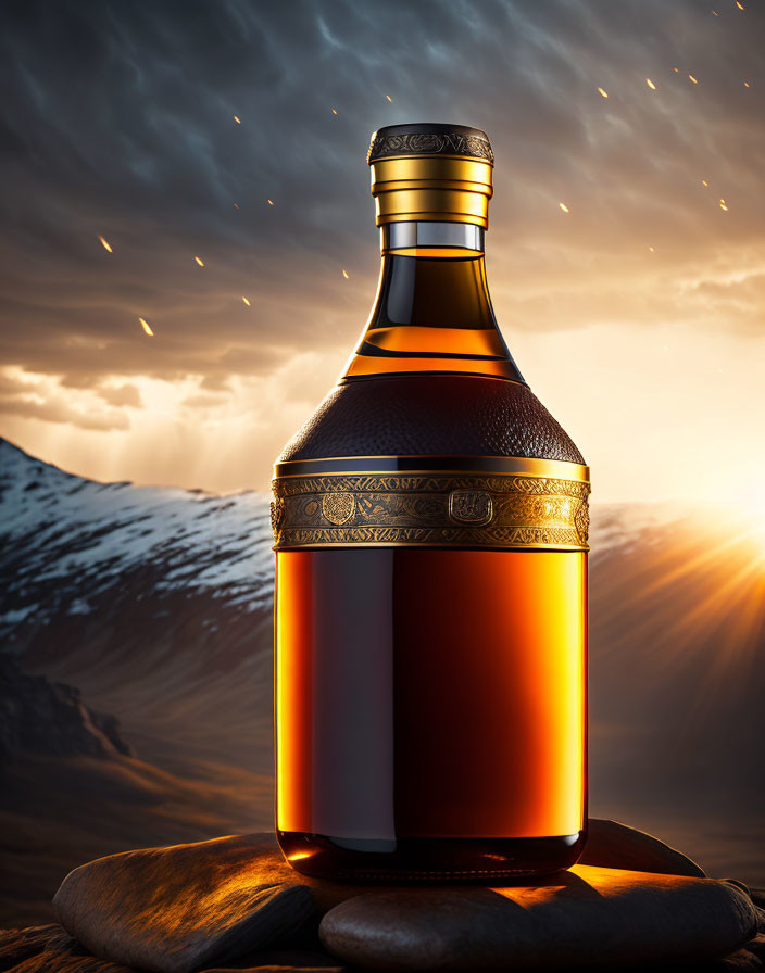 Ornate metal detailed liquor bottle on stones against mountain sunset.