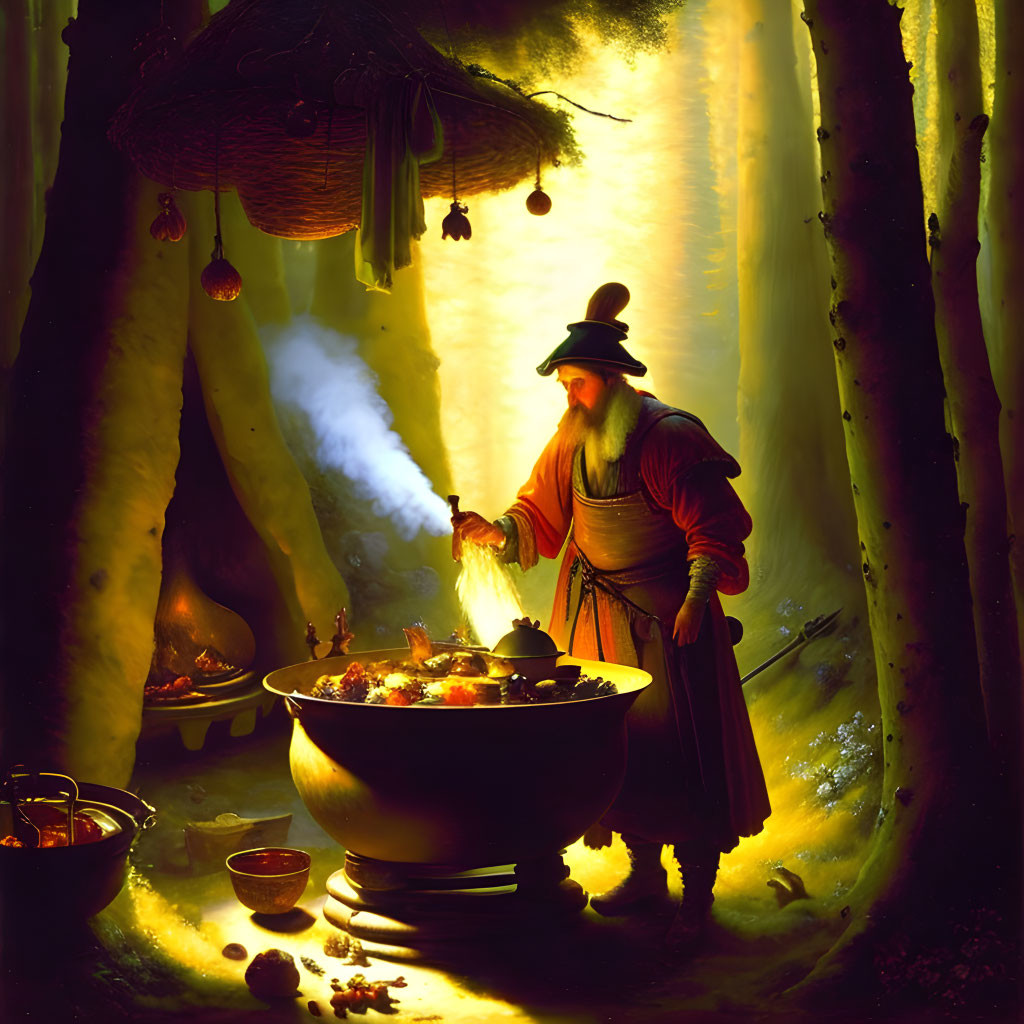 Bearded wizard stirring potion in mystical forest