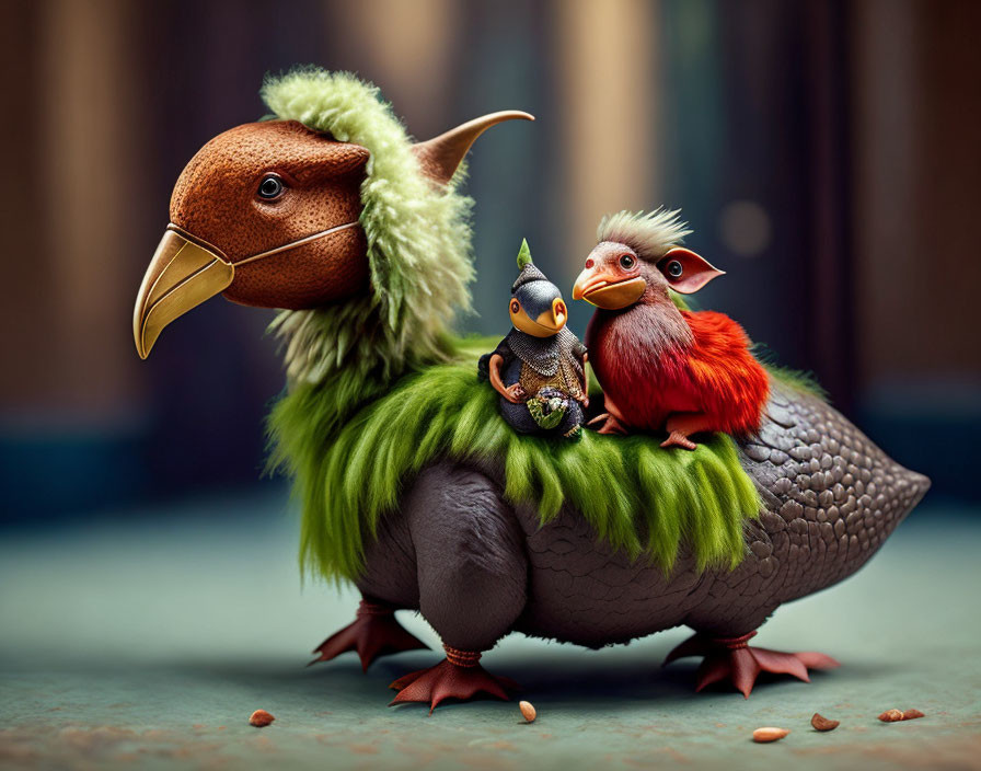 Bird-headed creature with green plumage, four feet, and small avian companions.