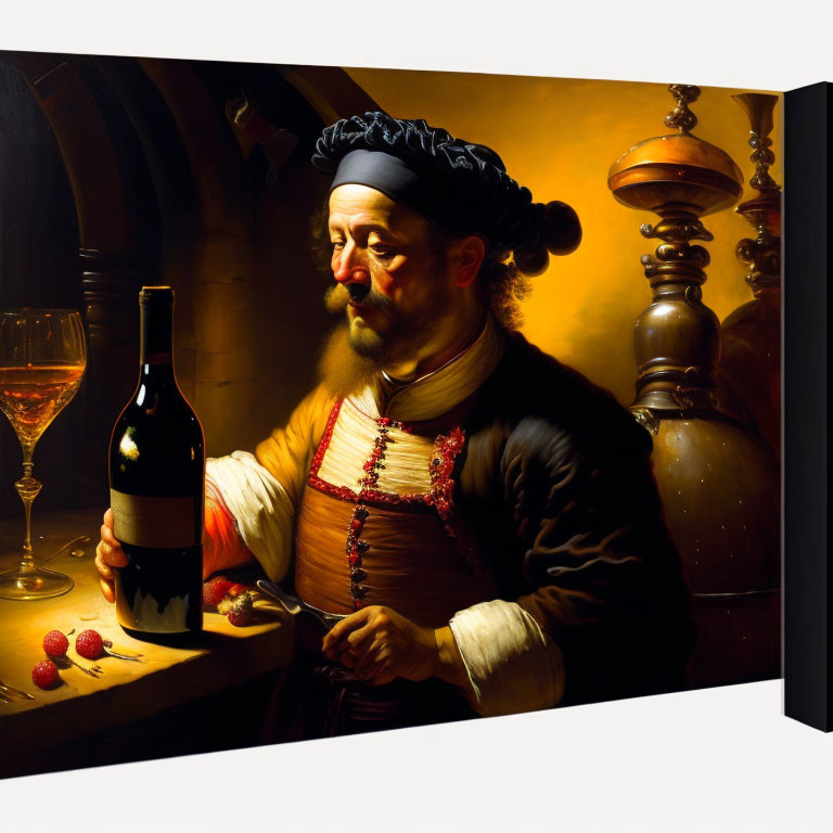 Renaissance man with wine bottle, glass, strawberries, and urn in warm lighting