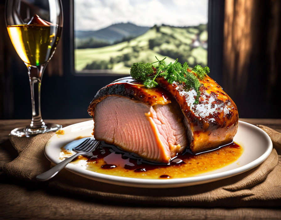 Golden-brown Crusted Roasted Ham with Herbs and Wine on Plate