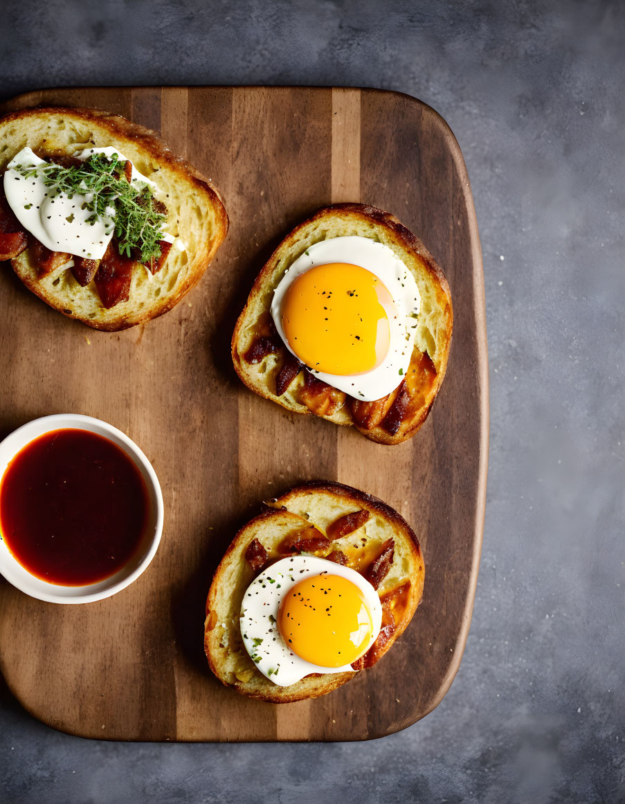 Freshly made sunny-side-up eggs on toast with herbs and sauce on a wooden cutting board