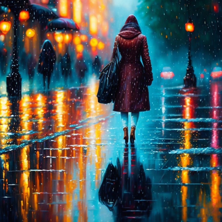 Red-coated person walking on rain-soaked street with glowing lampposts.