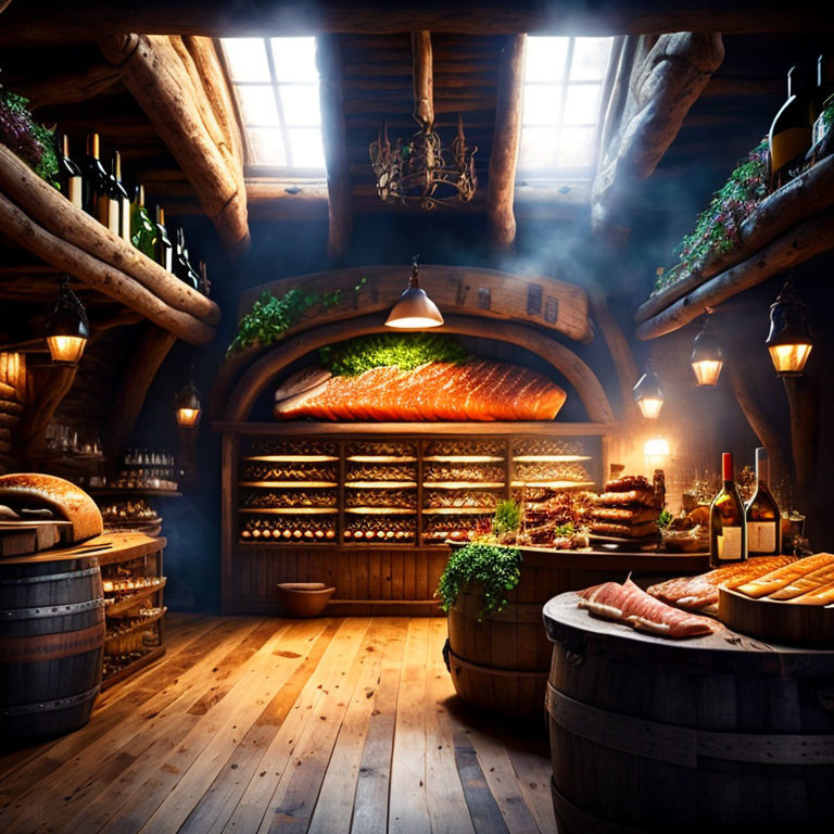 Rustic tavern interior with wooden bar, lanterns, barrels, baked goods, and bottles