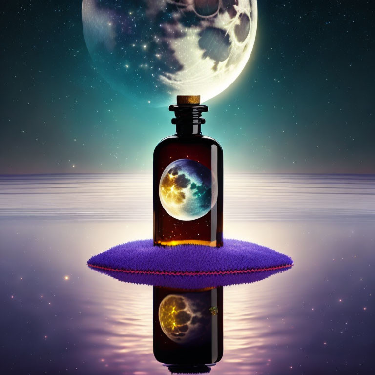 Surreal image of large moon, bottle with small planet, and mirrored surface