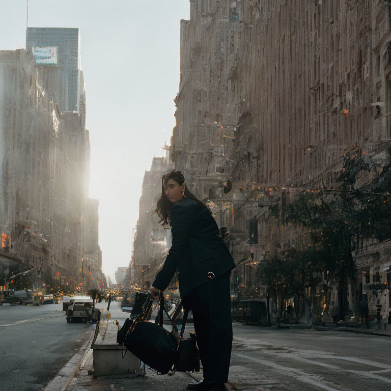 Woman in dark coat with suitcase on sunlit city street.