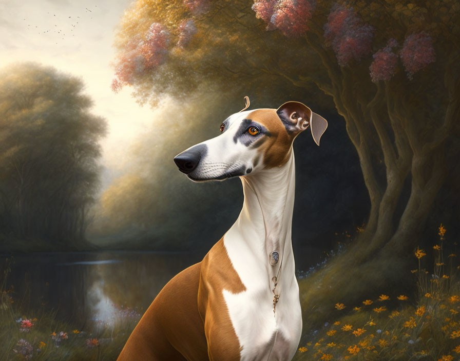 Majestic brown and white dog in serene autumnal landscape