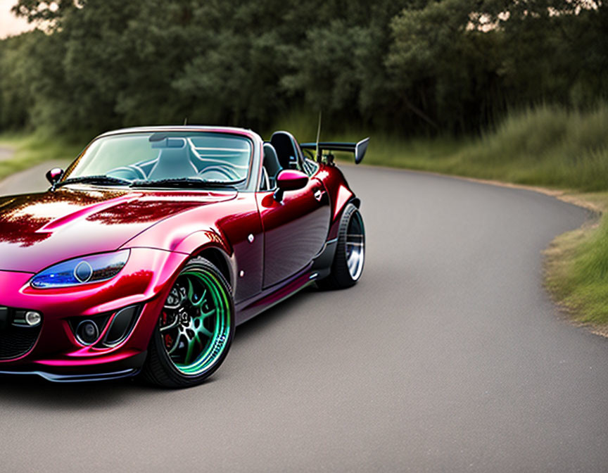 Red Convertible Sports Car with Green Rims on Asphalt Road surrounded by Grass and Trees