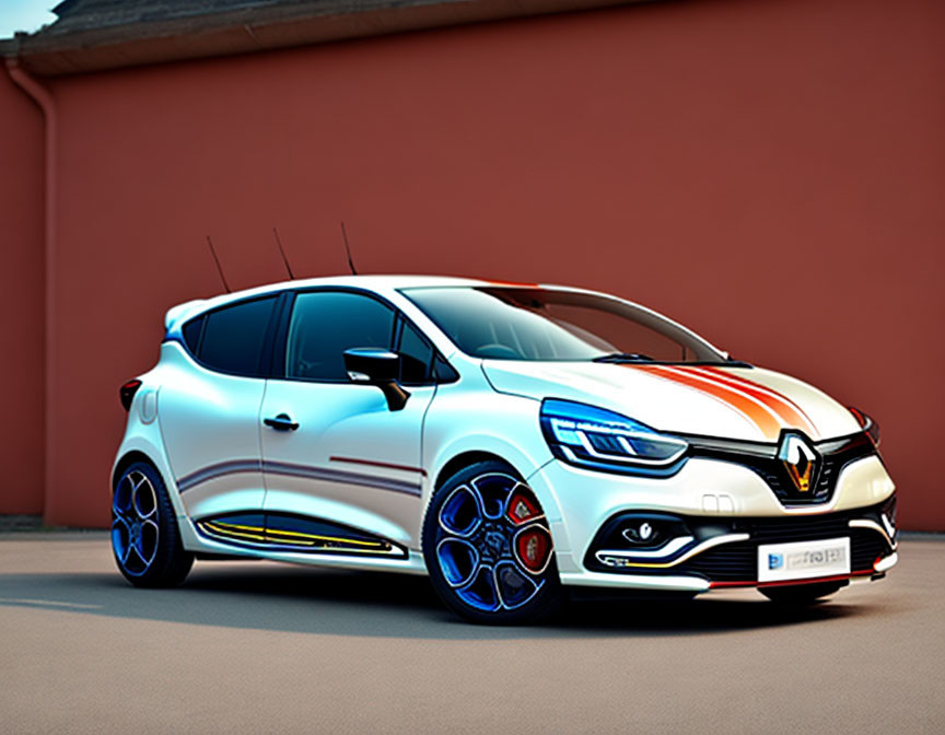 White Renault Clio with red, white, blue stripe & yellow accents in parking lot