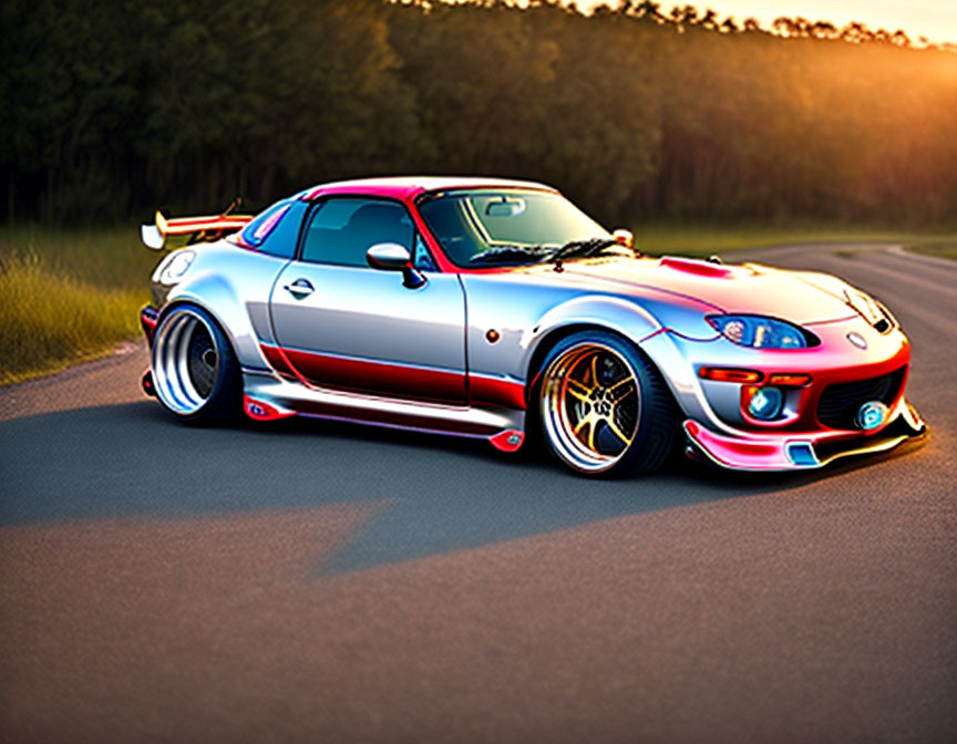 Modified sports car with red and blue colors and gold rims parked at sunset