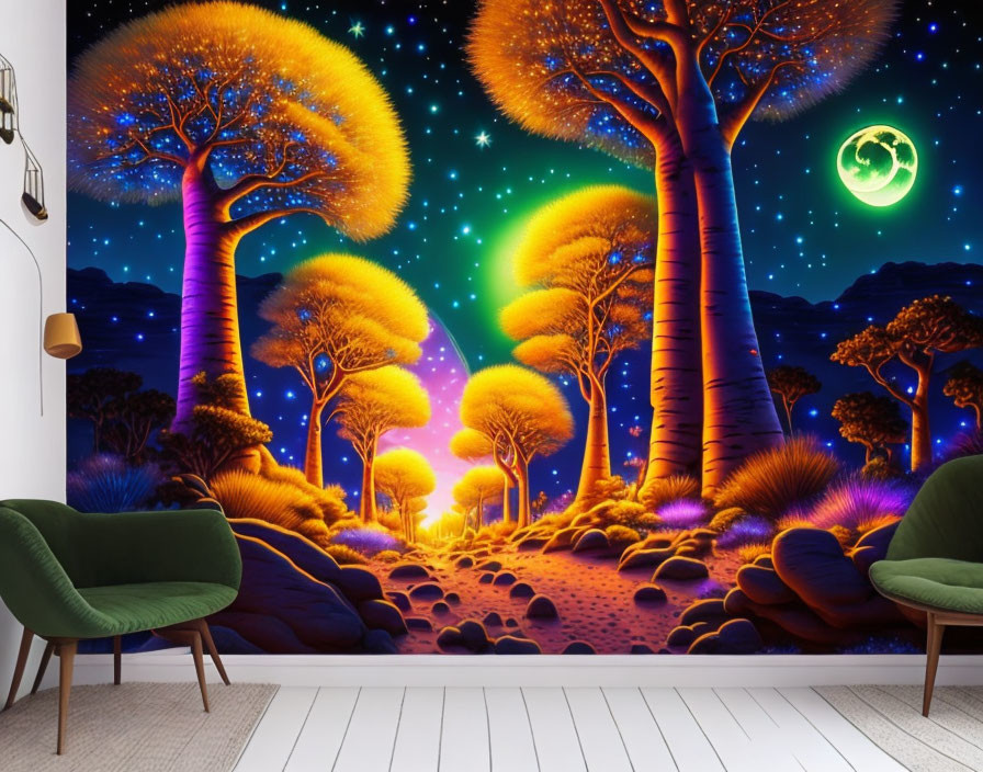 Colorful wall mural of glowing trees, starry sky, crescent moon, and green chairs.