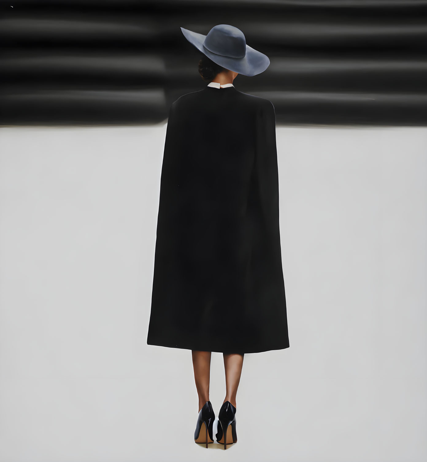 Person in wide-brimmed hat, black coat, and heels on striped backdrop