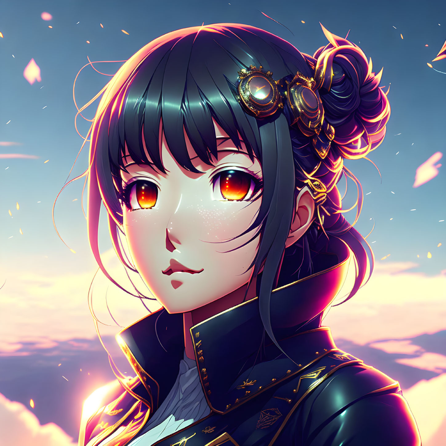 Anime-style female character with golden eyes and black hair in golden accessories against sunset sky backdrop.