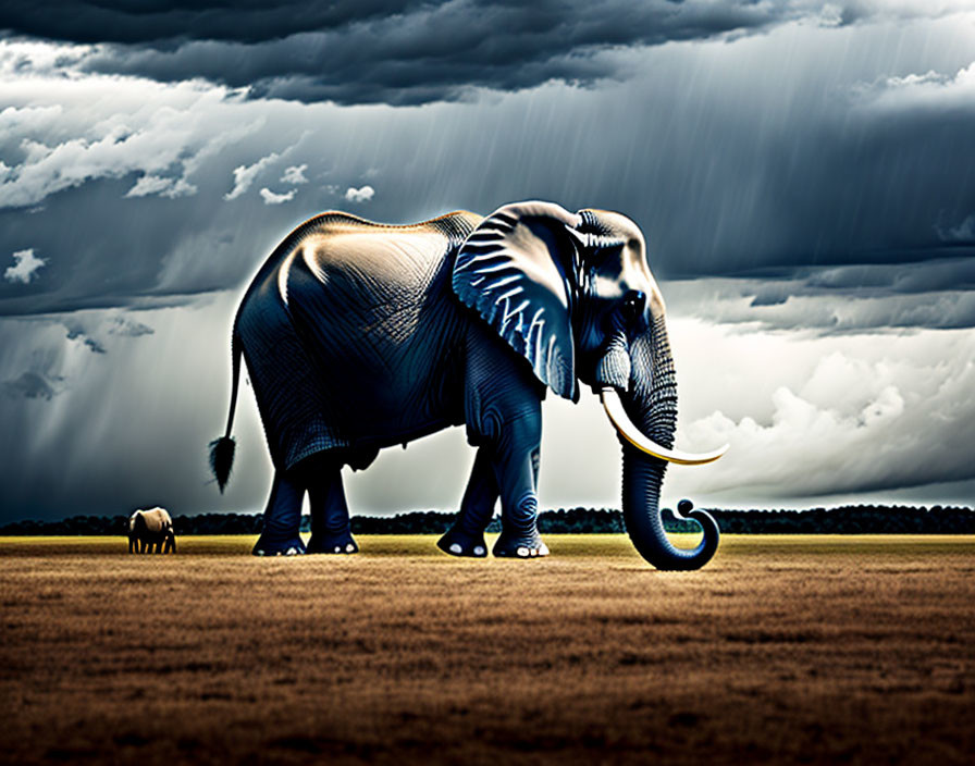 Elephant and calf walking under stormy skies on parched landscape