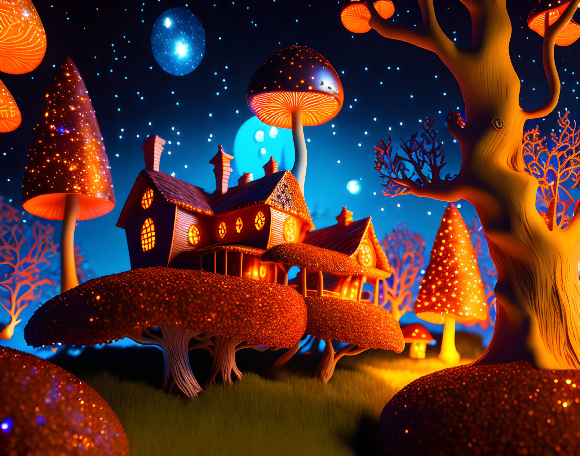 Fantasy landscape with mushroom house and glowing trees