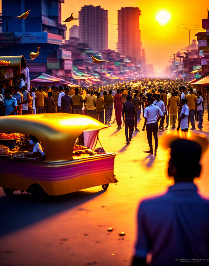 Vibrant sunset scene: bustling street, market, birds, golden hues