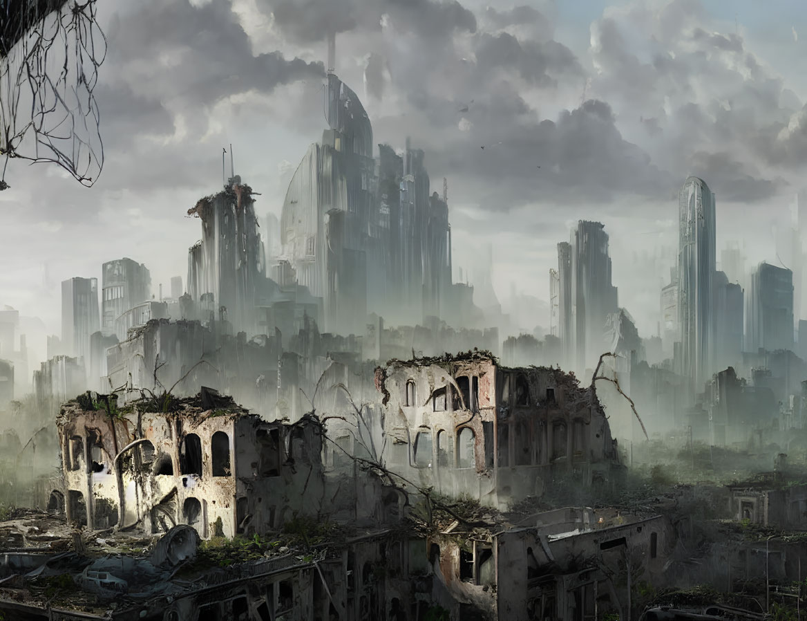 Abandoned ruins and overgrown plants against a futuristic city skyline under cloudy sky