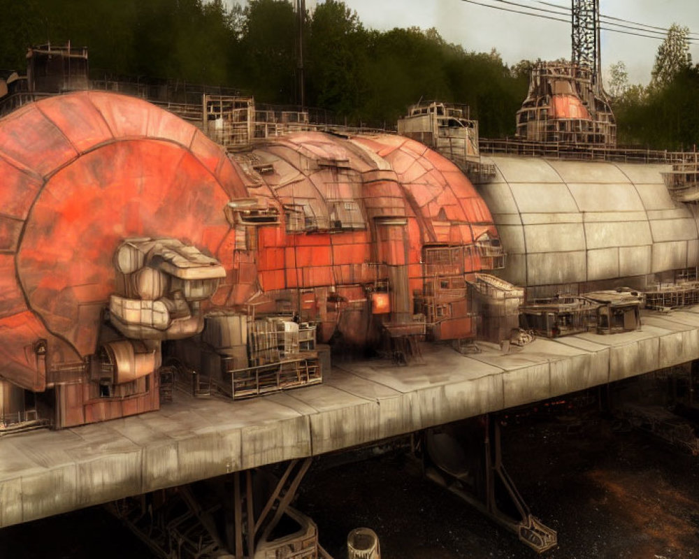 Dystopian industrial facility with red domes and robotic arm in gloomy forest