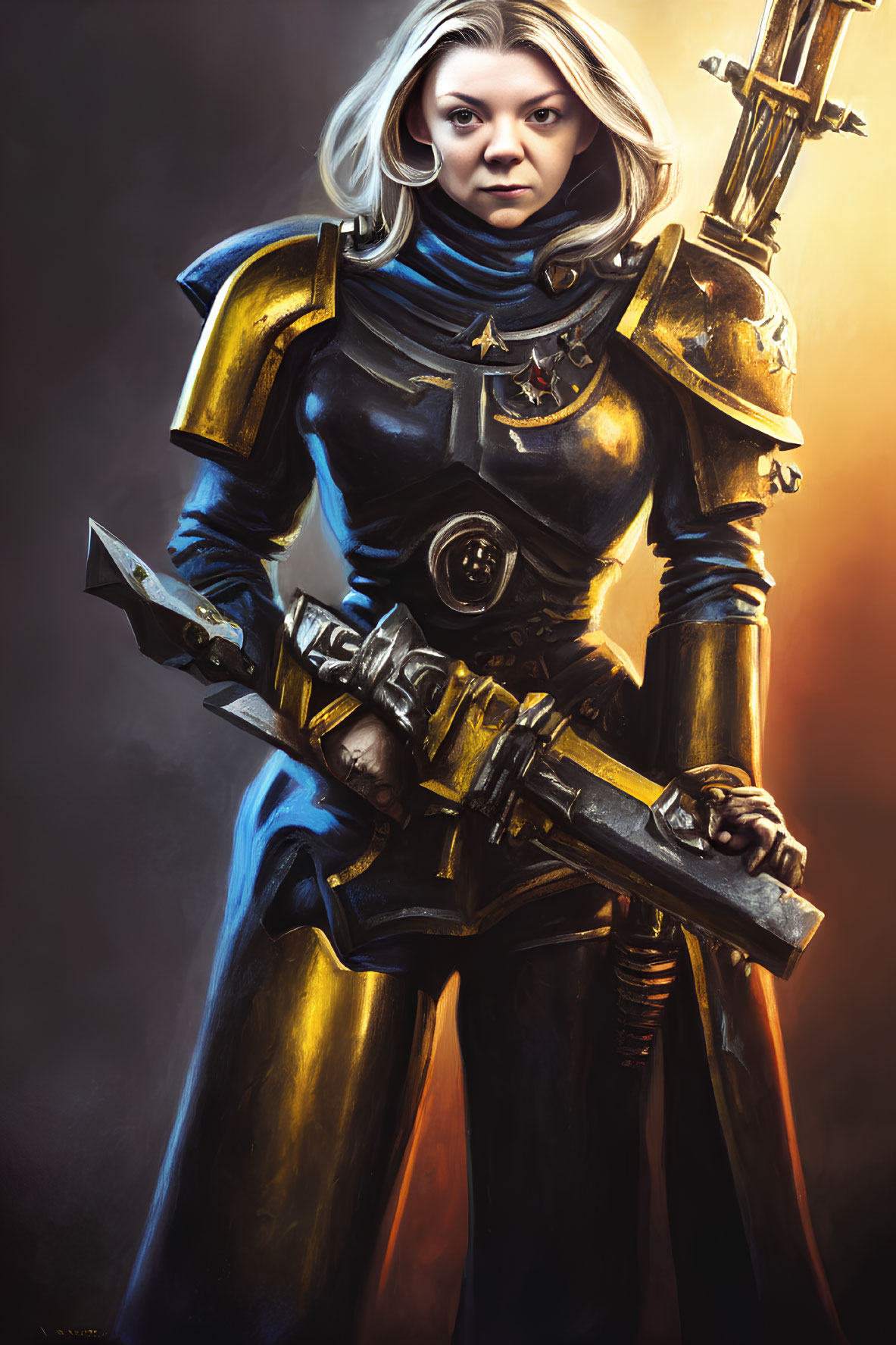 Futuristic knight armor woman with gun, blade, and emblem