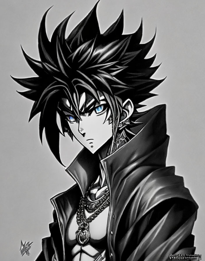 Monochrome illustration of fierce anime character with spiky black hair and blue eyes