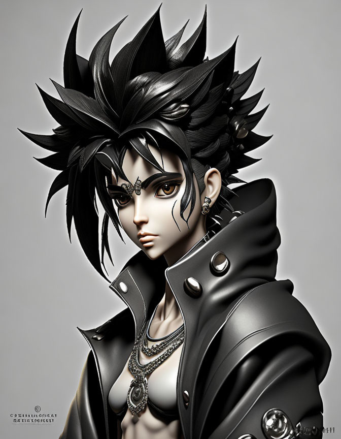 Male character with spiky black hair, black jacket, silver jewelry, stern expression