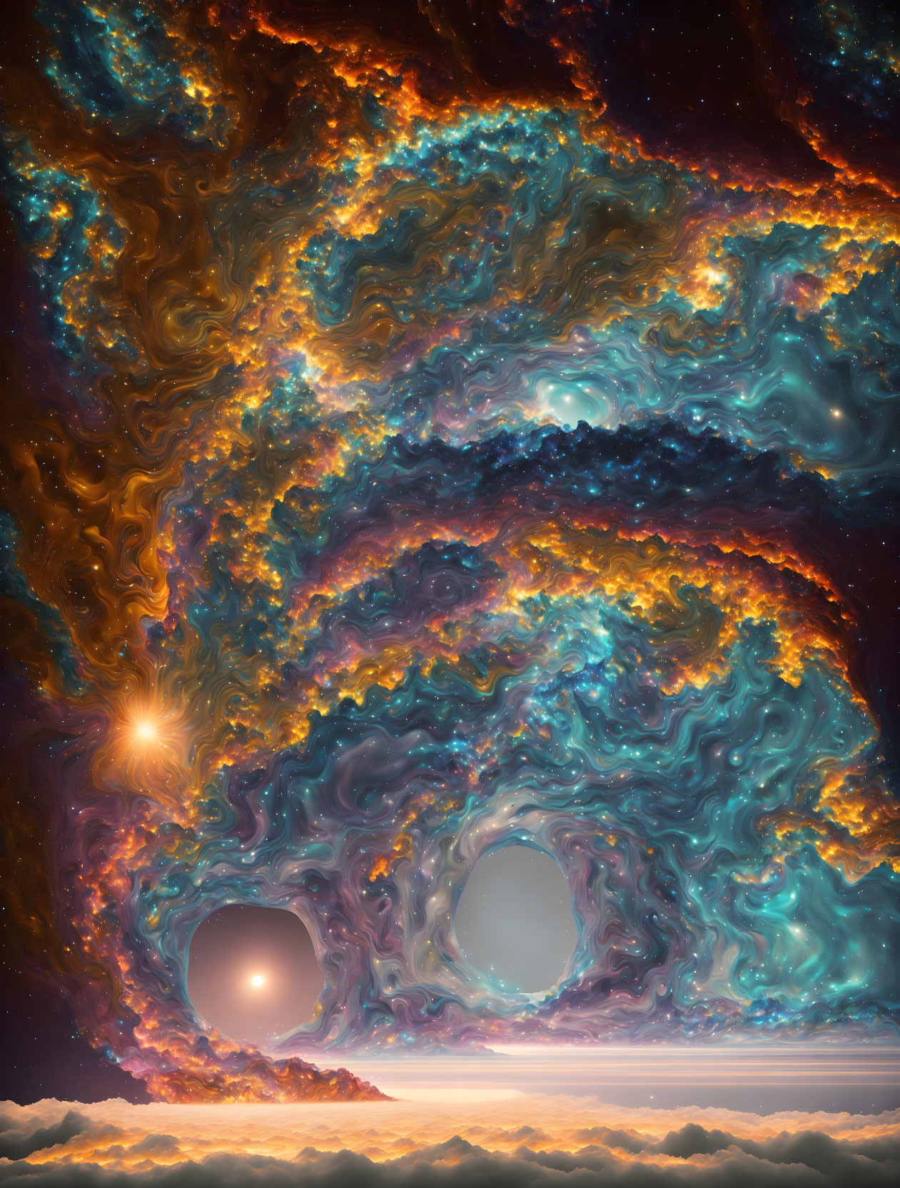 Colorful swirling nebula clouds over planetary surface in orange, blue, and purple