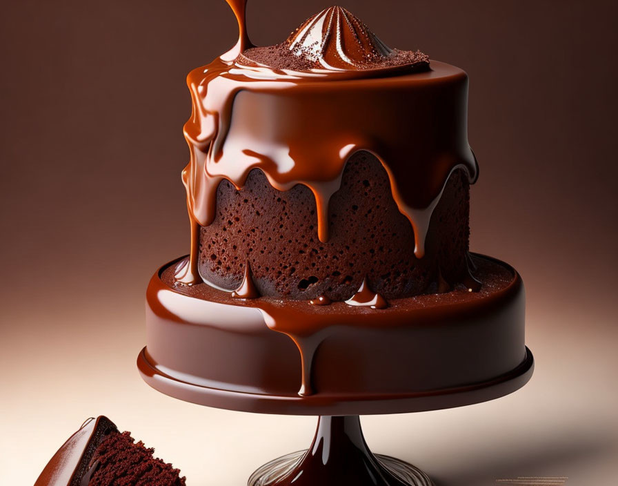 Decadent chocolate cake with ganache on cake stand and warm brown backdrop