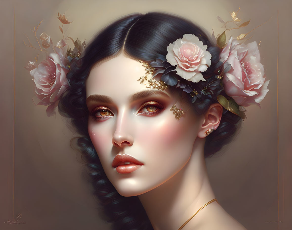 Woman with Dark Hair and Floral Crown in Gold Accents