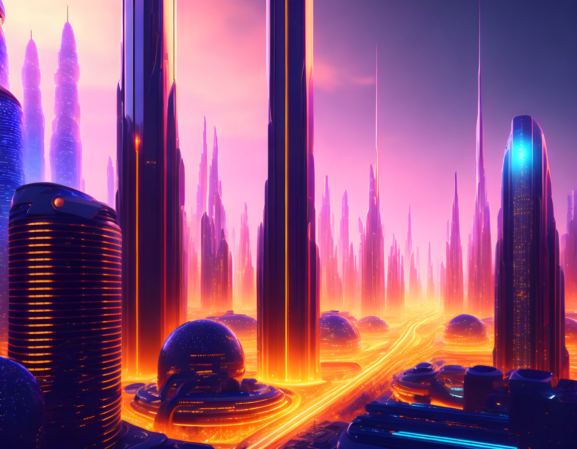 Vibrant neon cityscape with towering skyscrapers and glowing roads