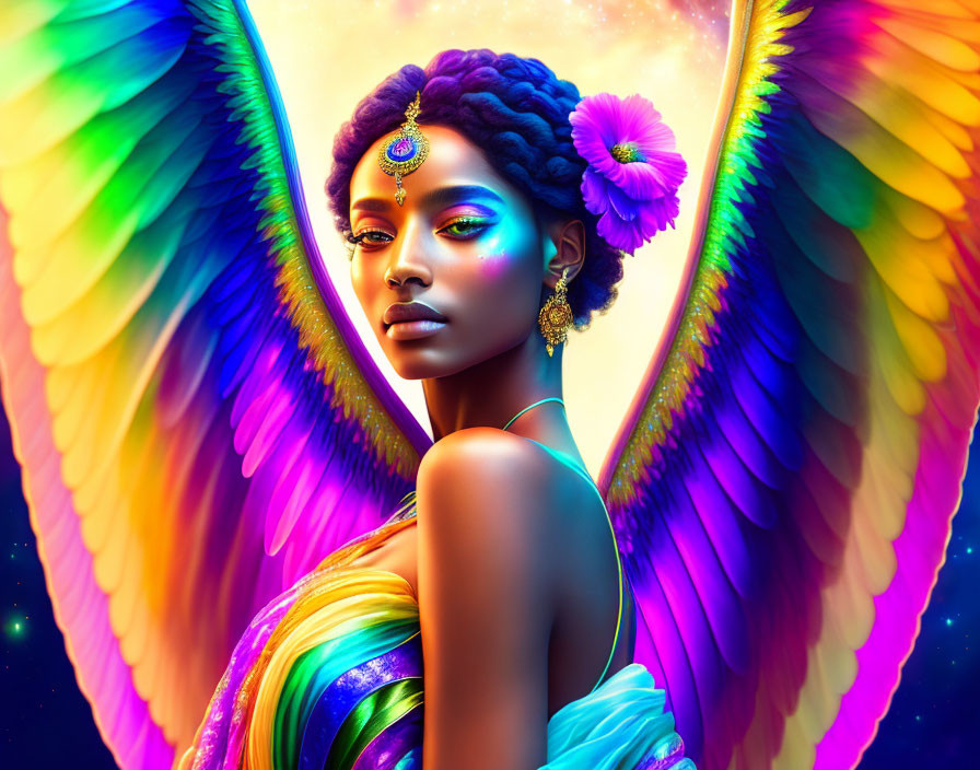 Vibrant digital artwork of a woman with multicolored angel wings