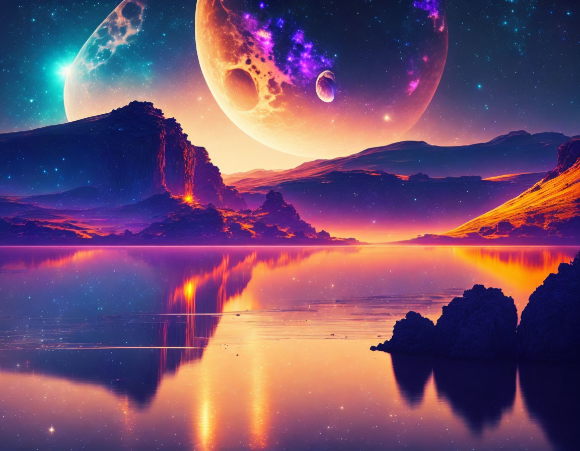 Sci-fi landscape with celestial bodies, lake, mountains, starry sky