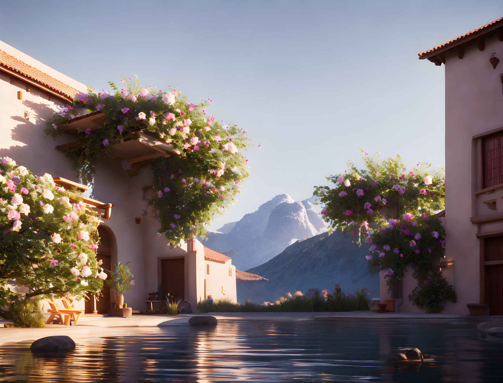 Tranquil courtyard with reflective pool, mountain backdrop, and flowering vines