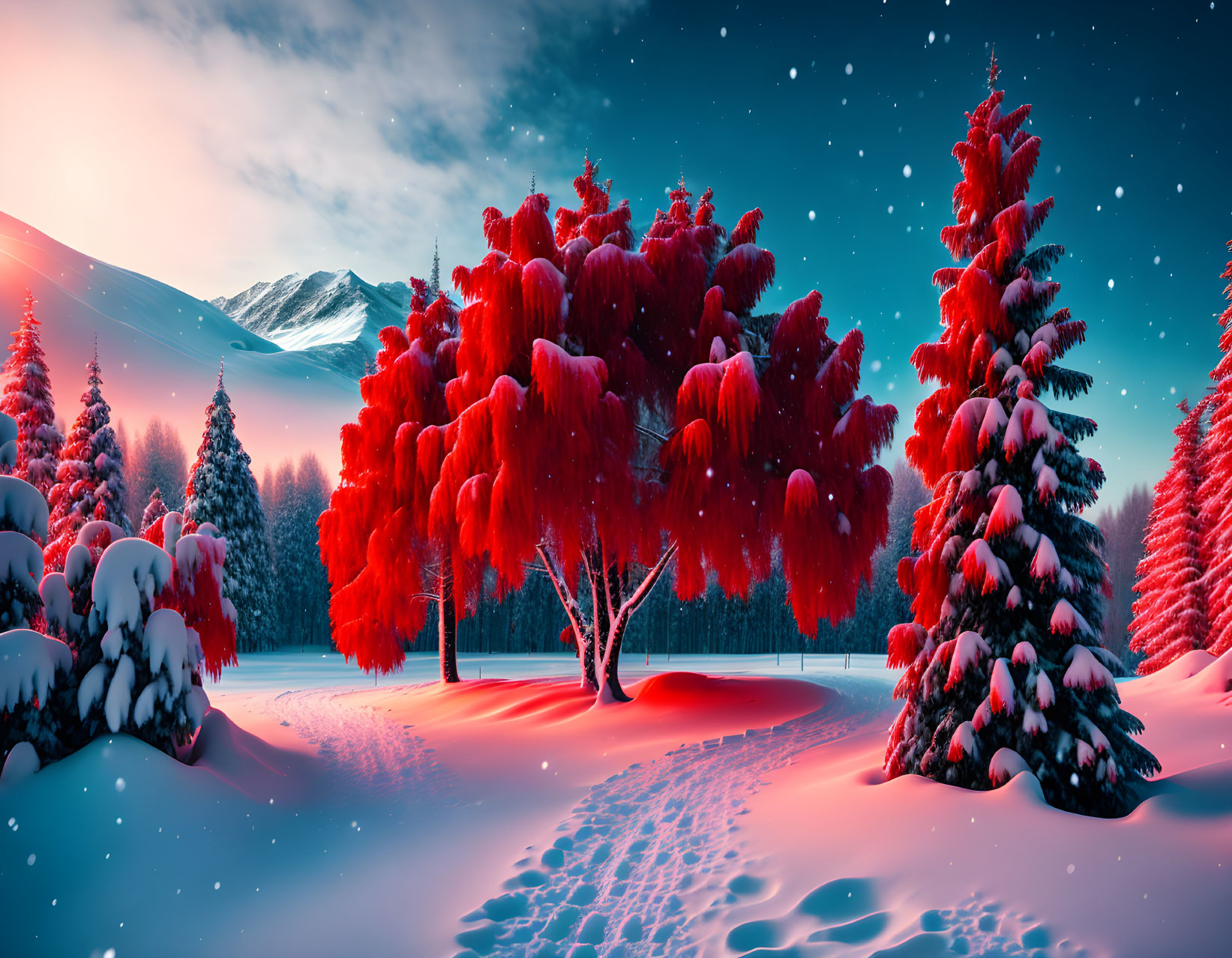 Winter landscape: red trees, snowy ground, footprints, mountains, sunset/sunrise sky