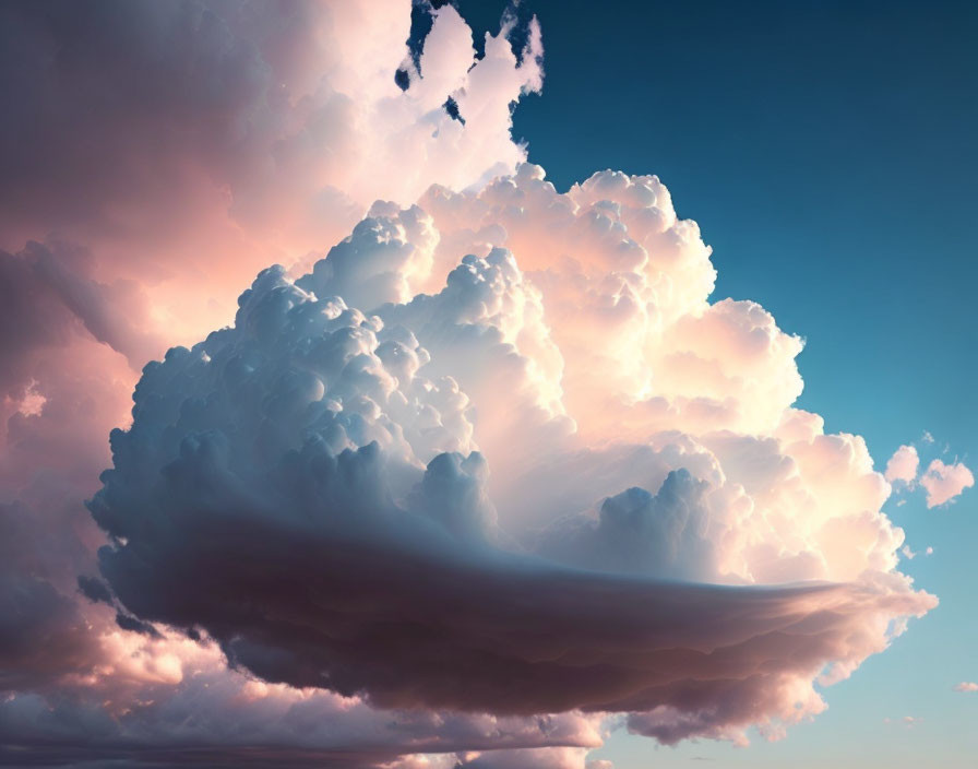 Large Fluffy Cloud in Sunlit Blue Sky with Pink and Orange Hues