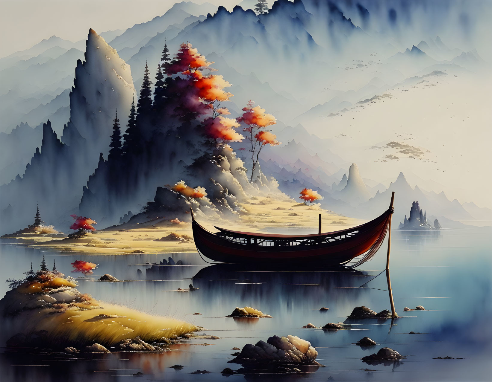 Tranquil landscape with boat, foggy mountains, autumn trees