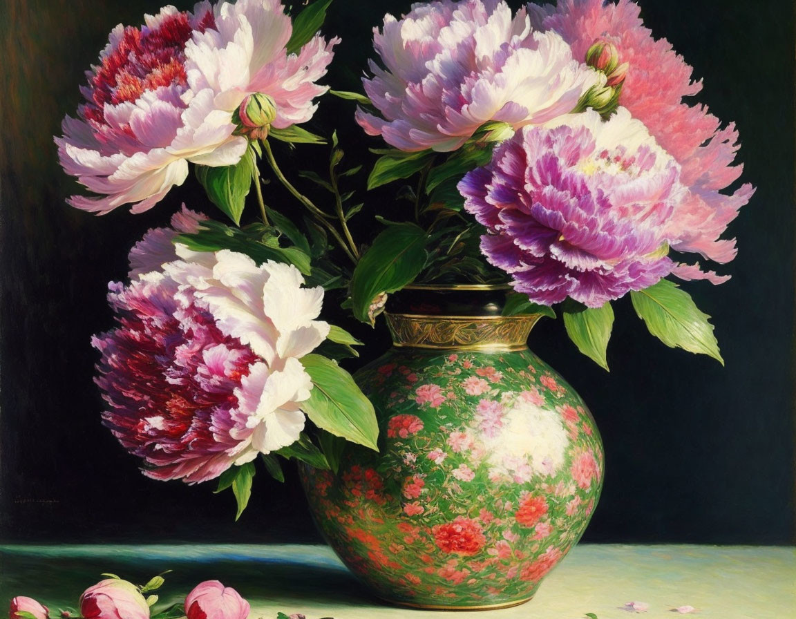 Vibrant Pink and White Peonies in Floral Vase on Tabletop