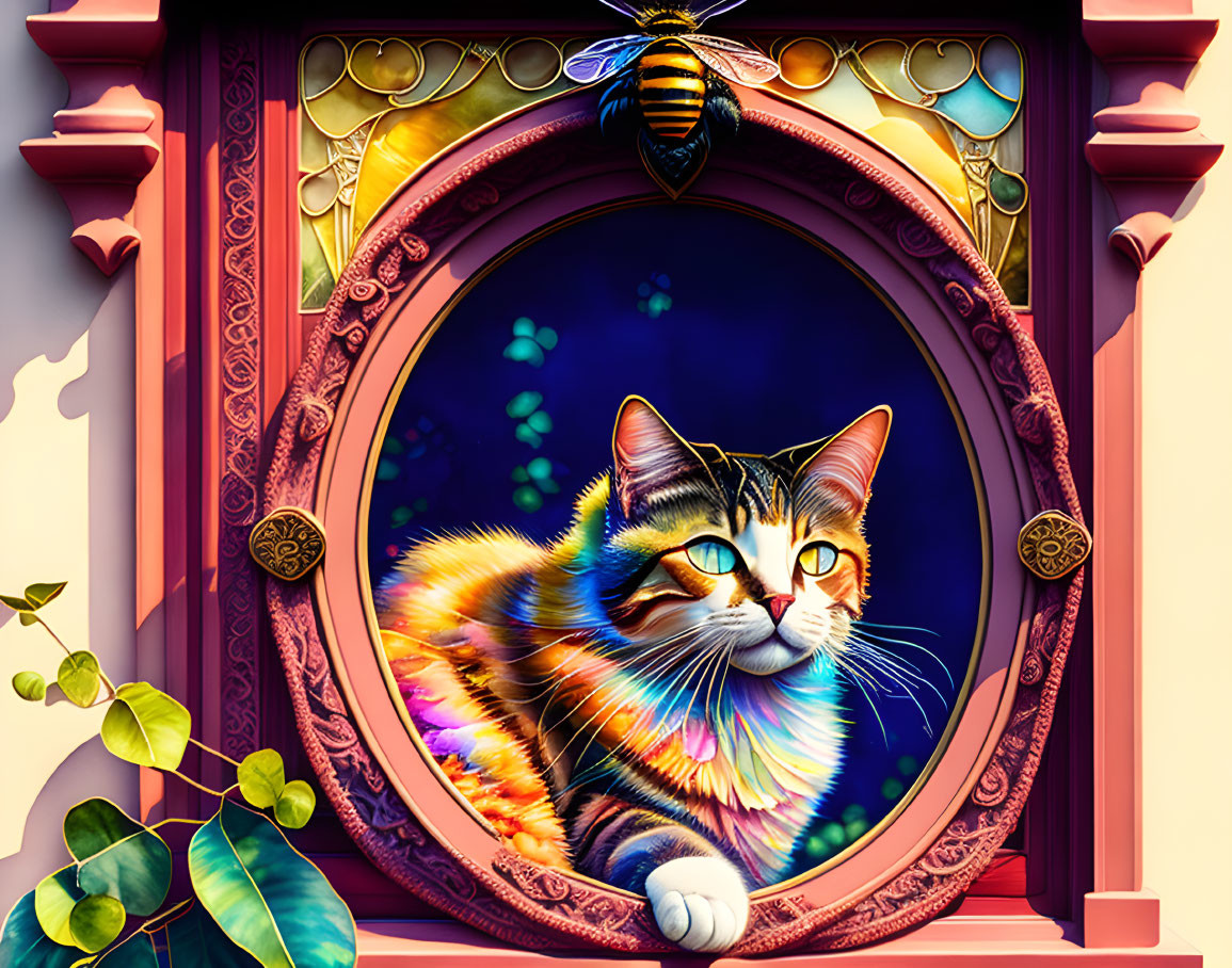 Colorful Cat Illustration with Wide Eyes in Ornate Window and Bee Nearby