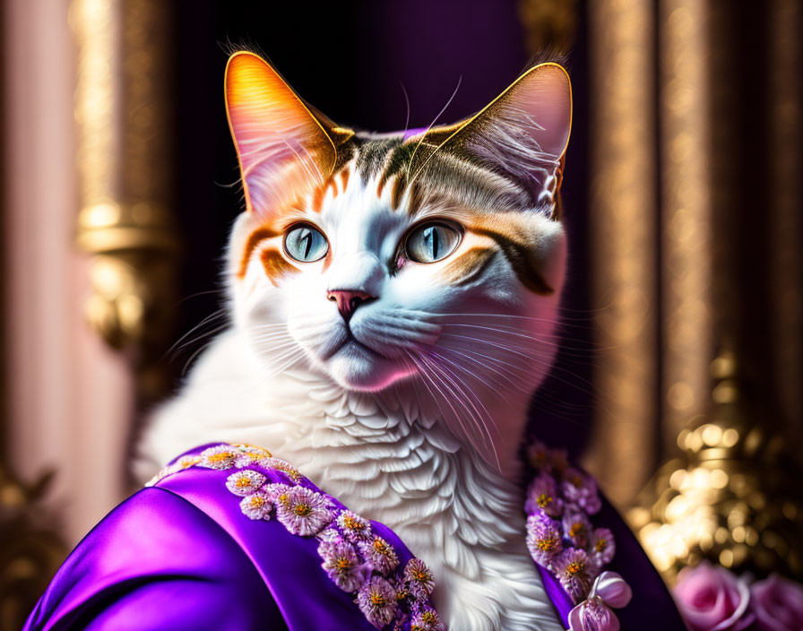 Digitally altered portrait of a cat in royal purple robe with human-like eyes and floral decorations against luxurious