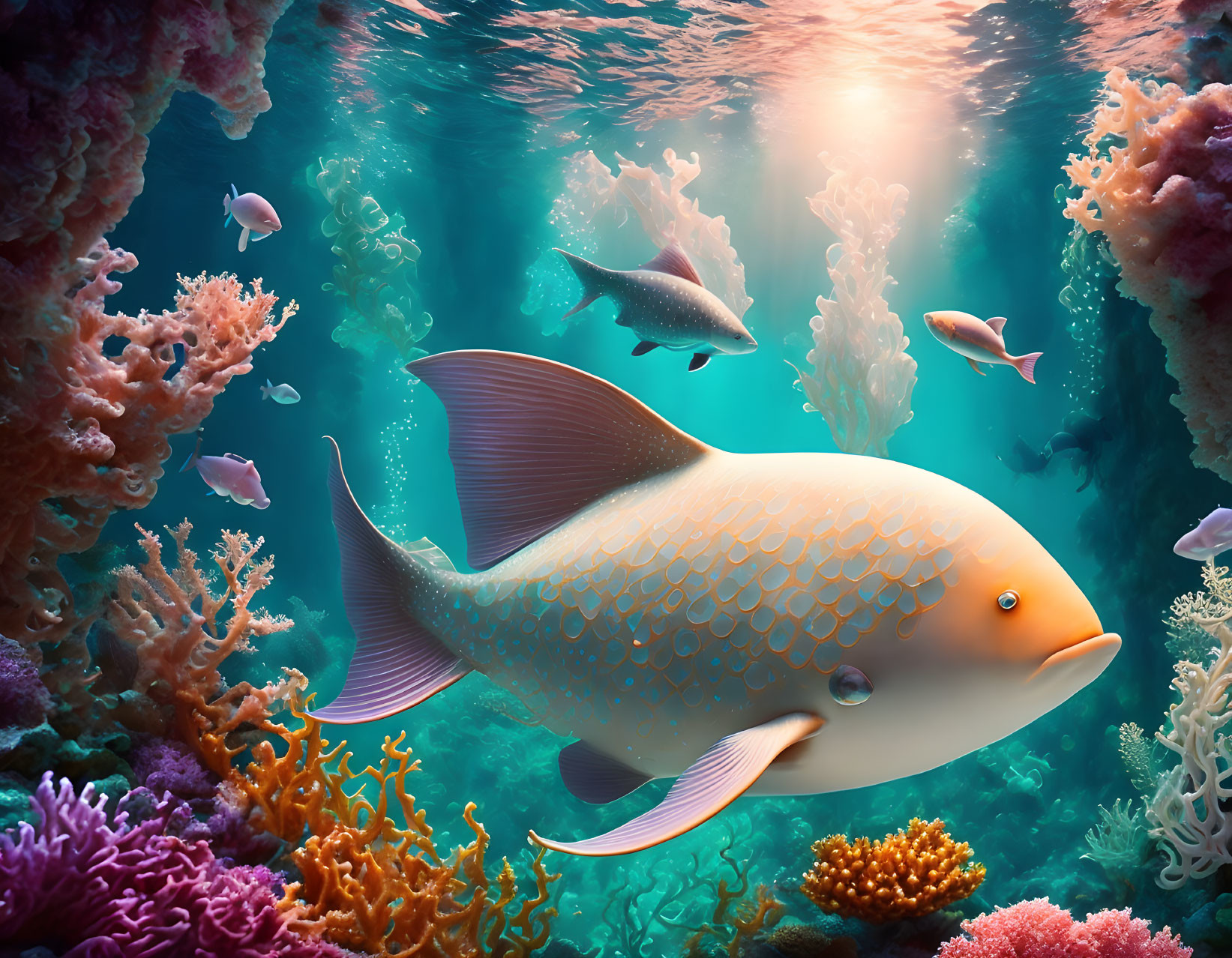 Colorful underwater scene with large orange fish and coral reef.