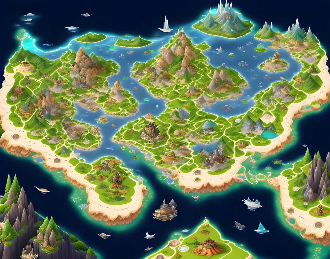 Vibrant archipelago map with ships, sea creatures, diverse topography.