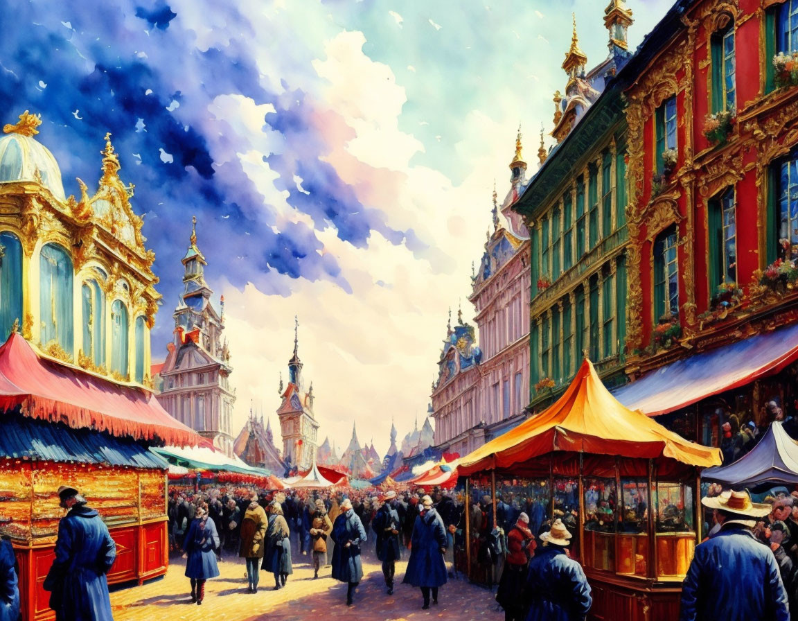 Busy street market with colorful stalls and historic buildings under blue sky