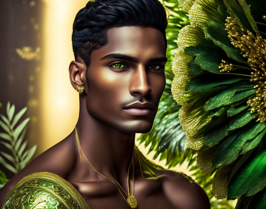 Digital artwork featuring a man with striking green eyes, dark hair, golden skin, and accessories against lush