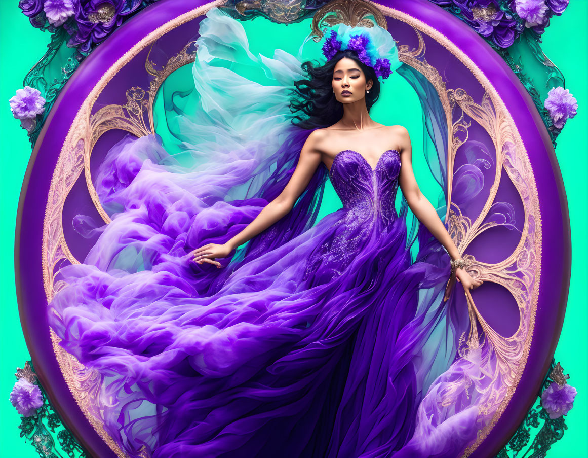 Woman in flowing purple dress with headpiece in ornate circular violet frame on teal background