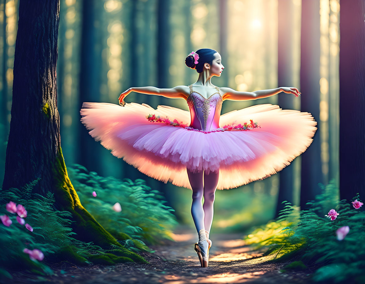 Ballerina in pink tutu poses in sunlit forest