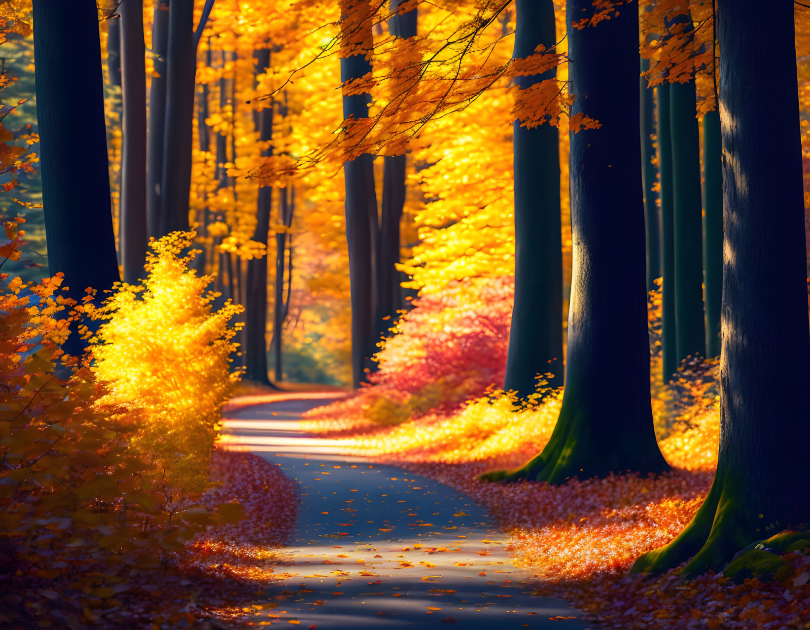 Vibrant autumn forest path with fallen leaves and sunlight