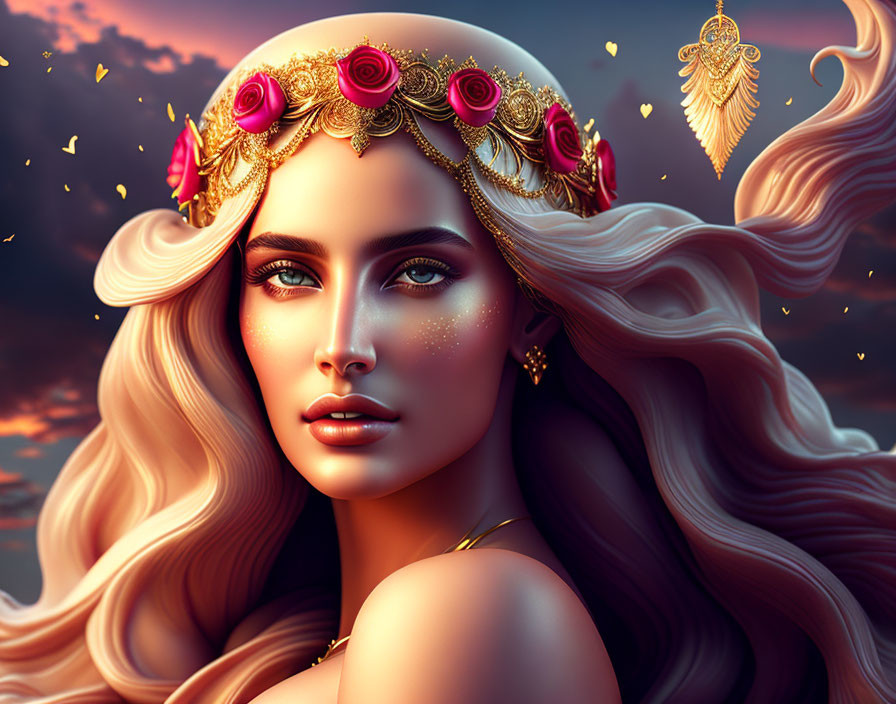 Blonde woman with golden crown and butterfly accessories in sunset sky