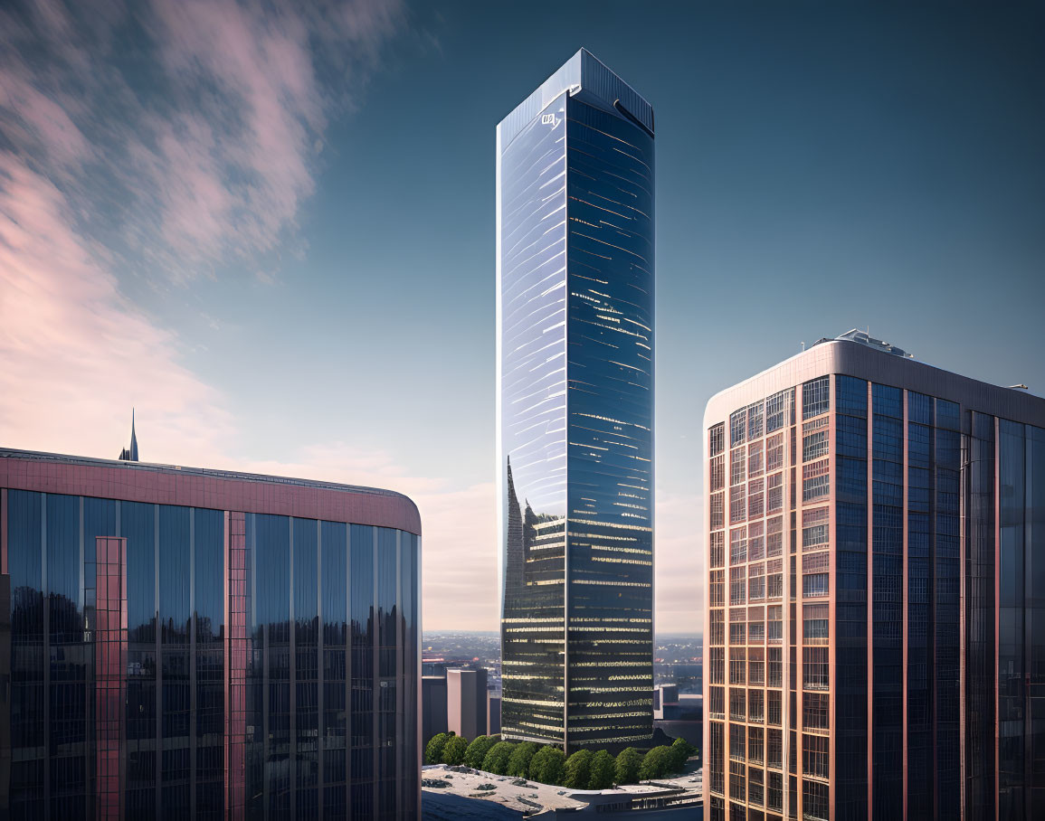 Tall skyscraper with glass facade at sunrise or sunset