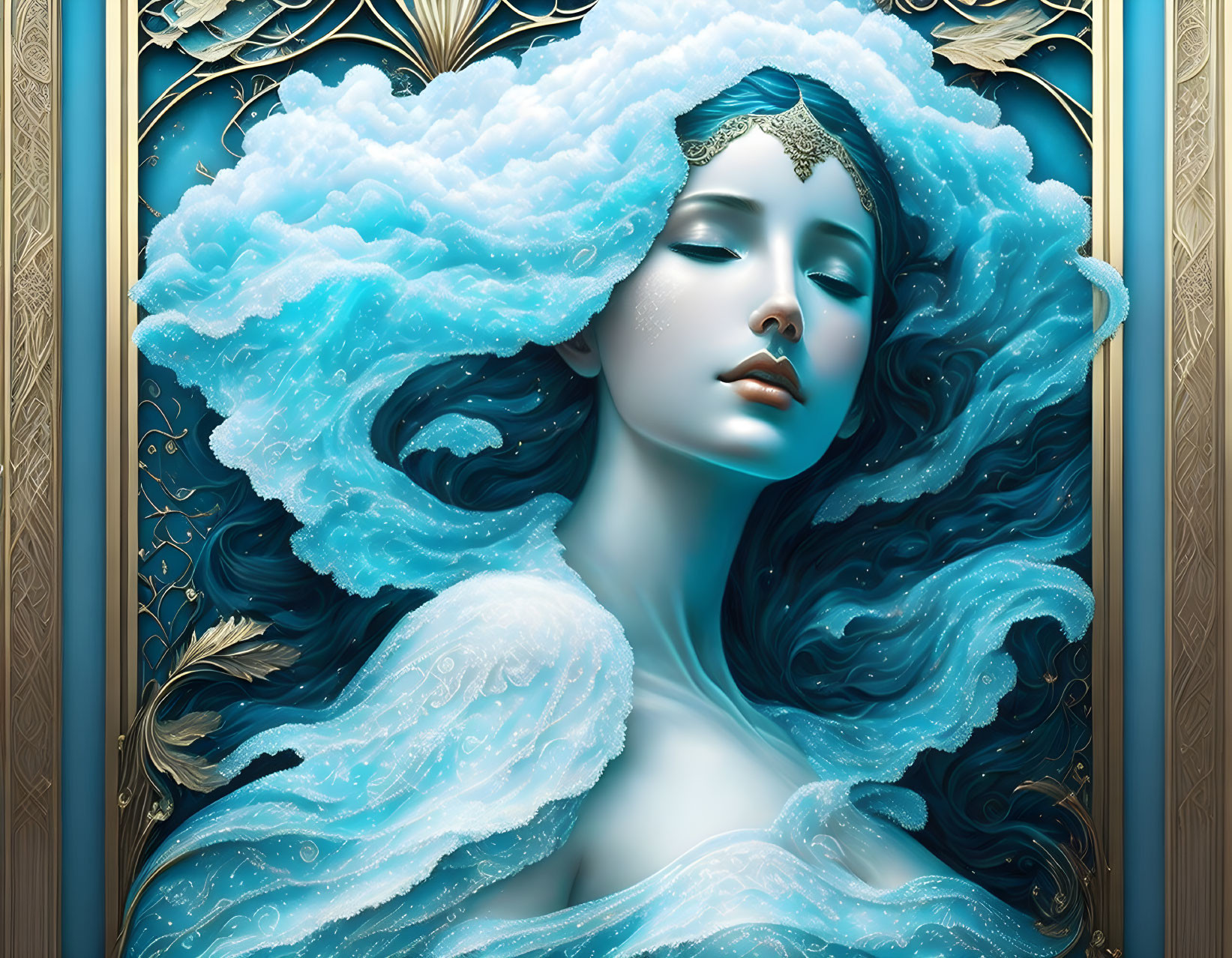 Ethereal woman with ocean-blue hair in ornate golden frame.