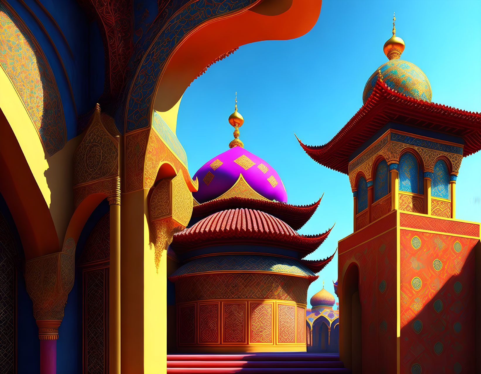 Detailed Arabian palace illustration with intricate patterns and domed rooftops against blue sky